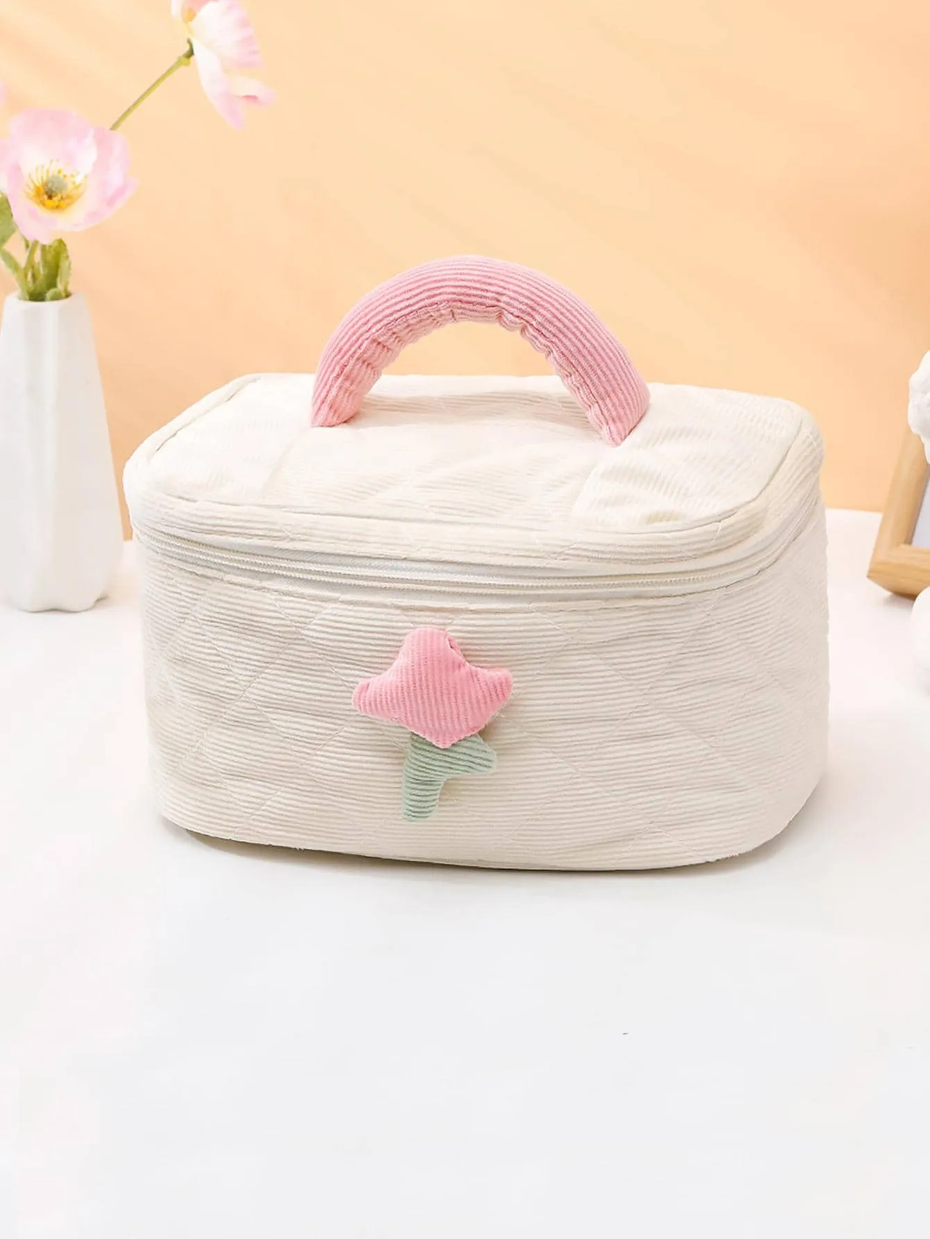 1pc Polyester Cosmetic Organizer, Modern Flower Decor Portable Cosmetic Storage Bag For Travel