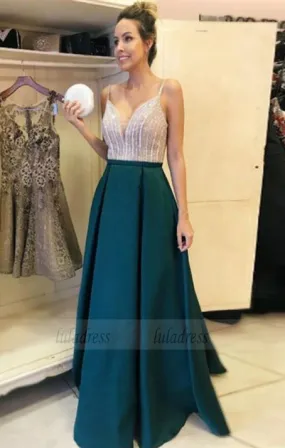 A-Line V-Neck Floor-Length Dark Green Satin Prom Dress with Beading,BD99658