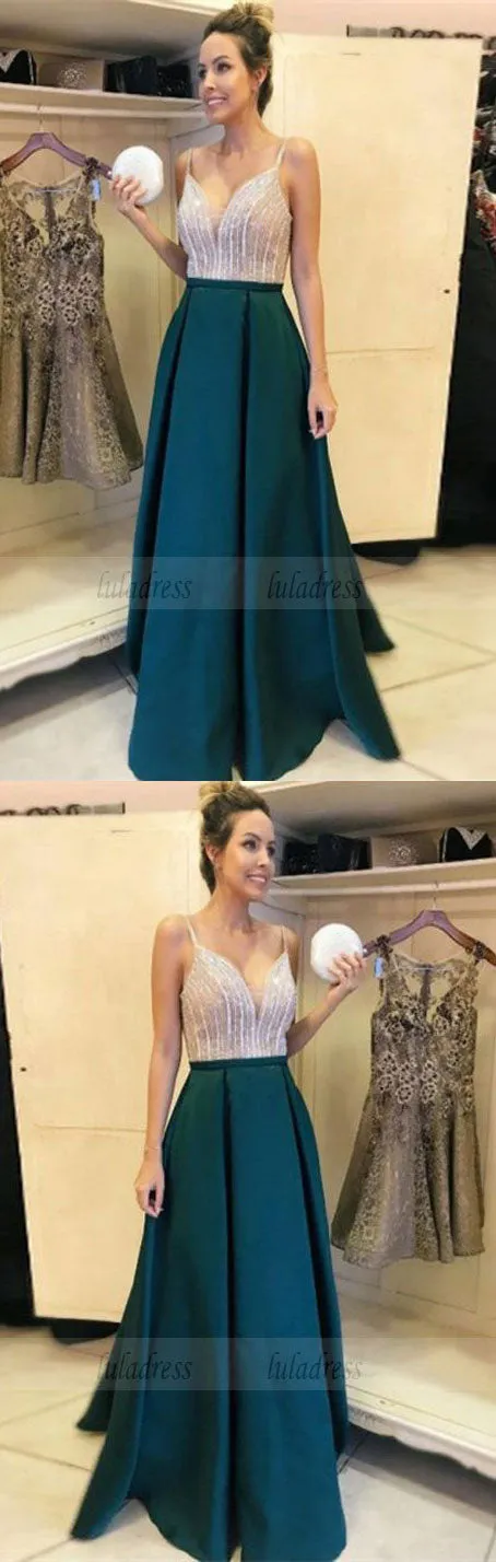 A-Line V-Neck Floor-Length Dark Green Satin Prom Dress with Beading,BD99658