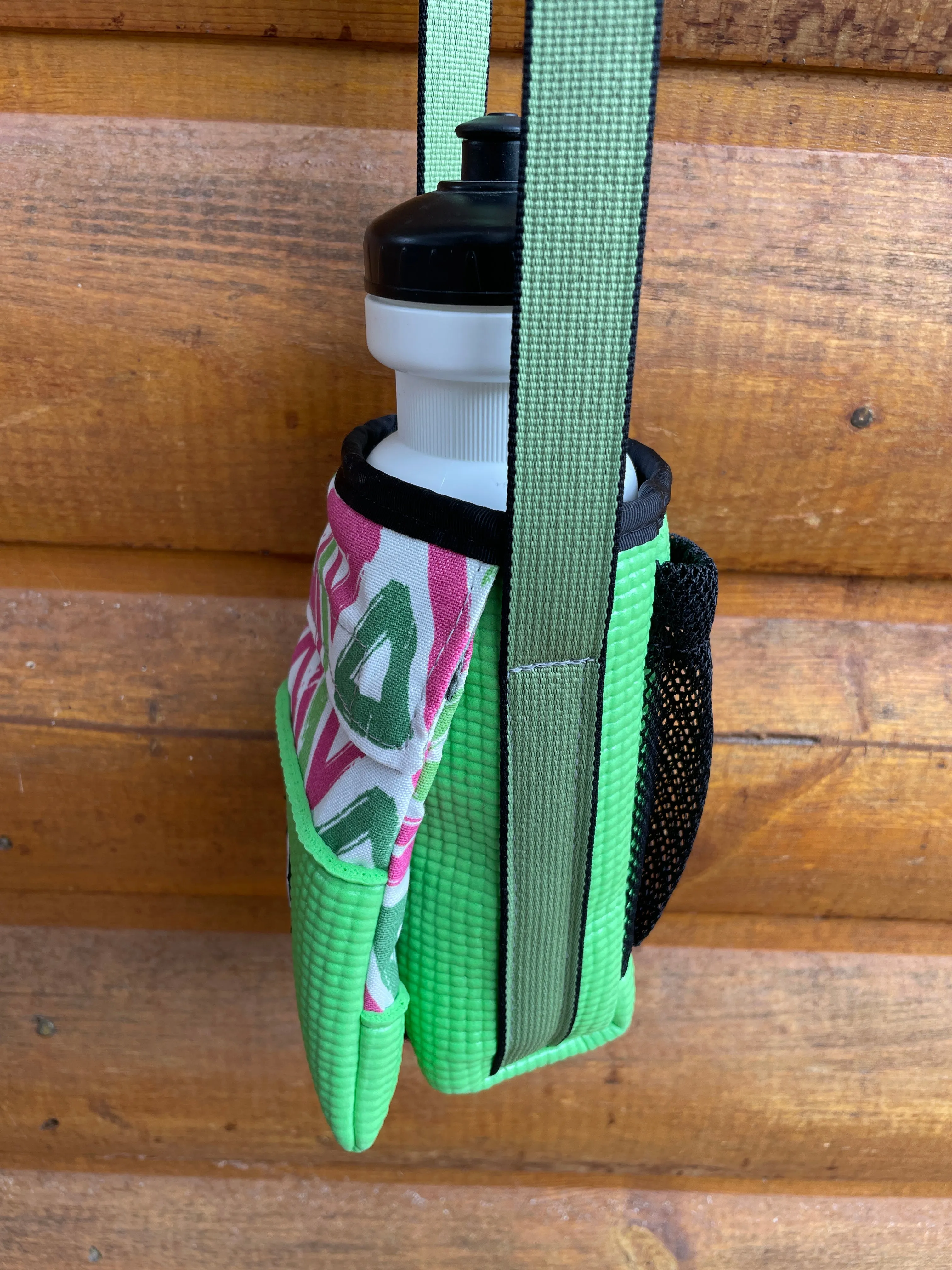 Ajax lime Green Water Bottle Holder & Purse-Pink/Green Triangle Print Fabric