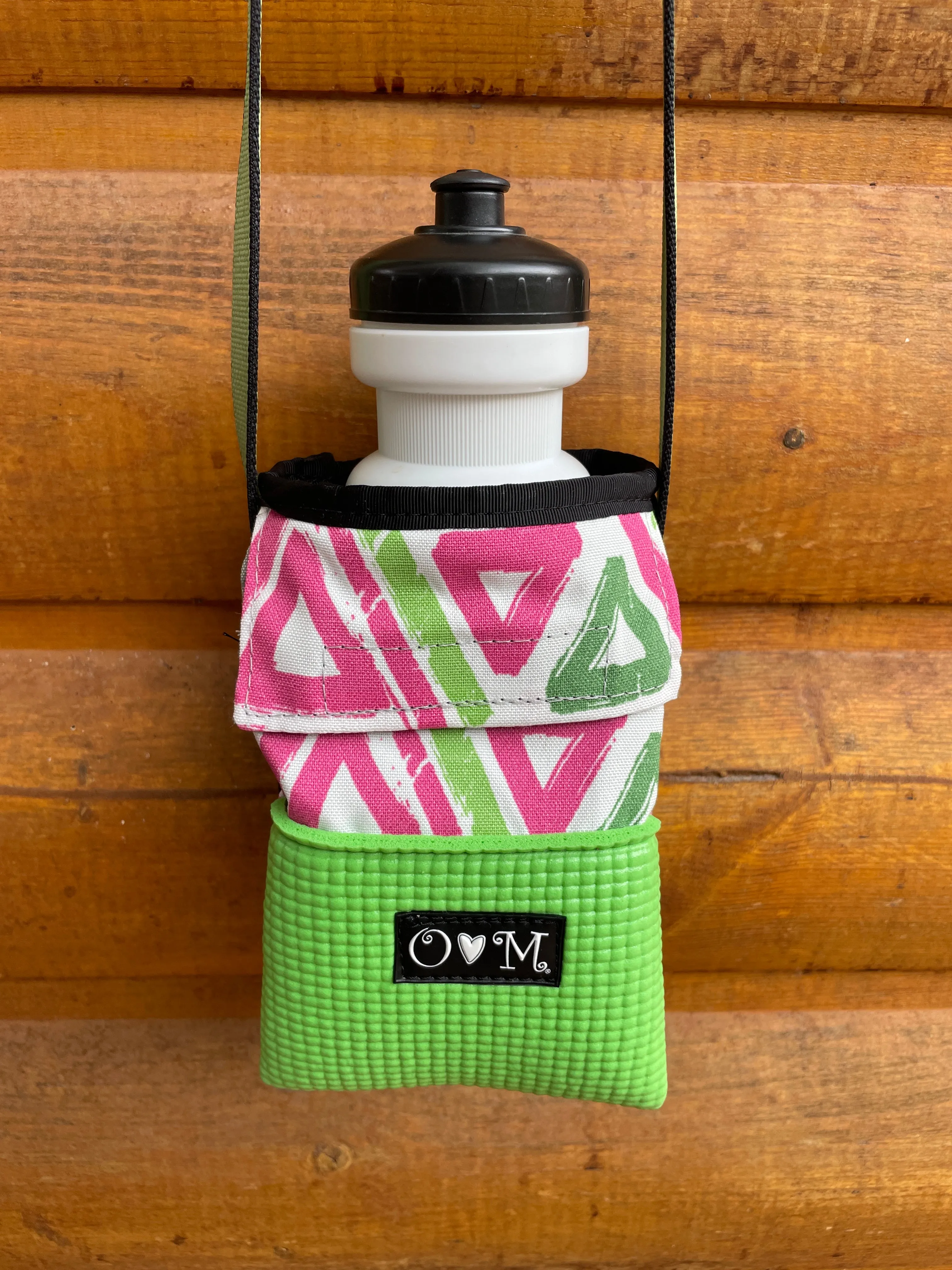 Ajax lime Green Water Bottle Holder & Purse-Pink/Green Triangle Print Fabric