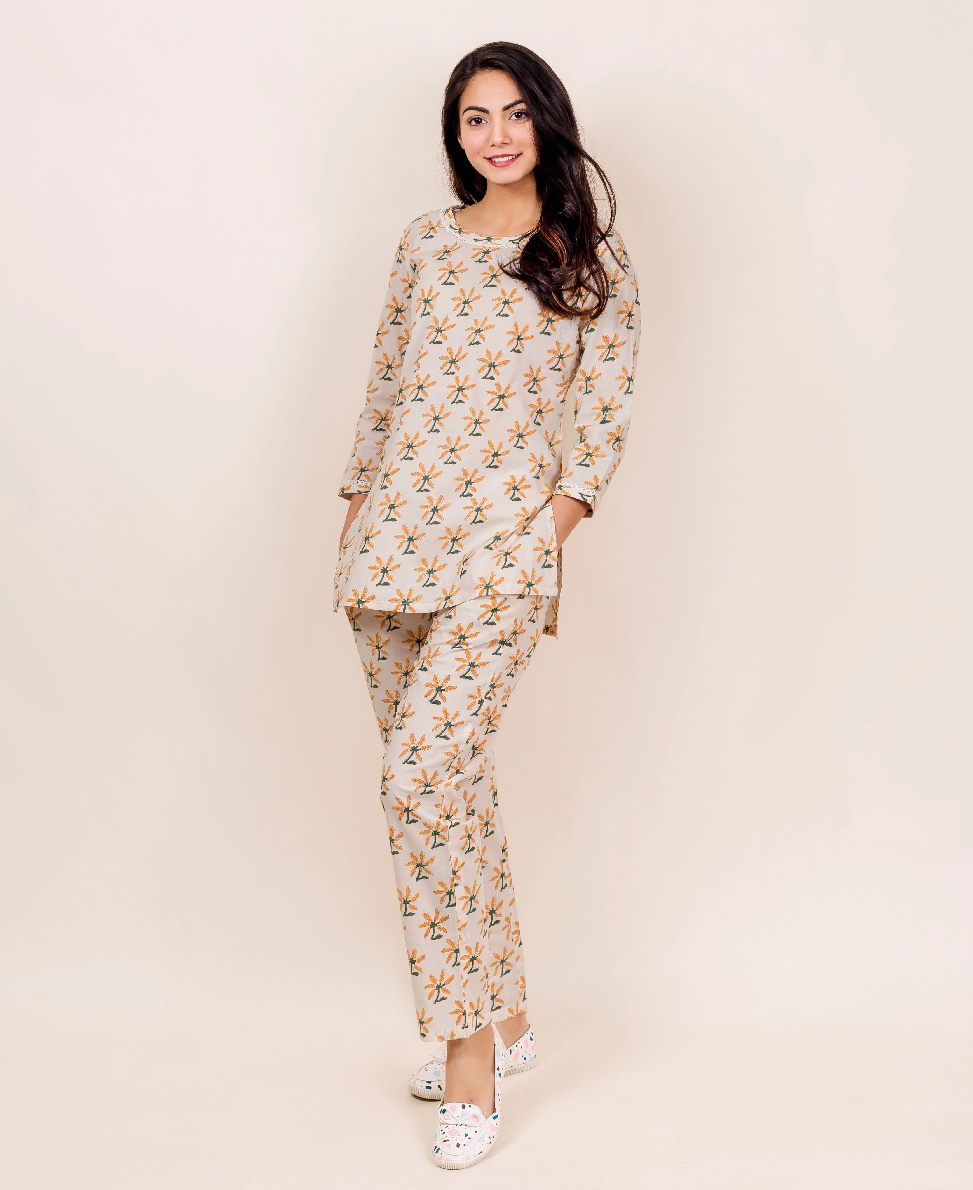 Beige Matching Block Printed Top and Pajama