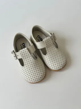 Beige perforated leather tstrap shoe