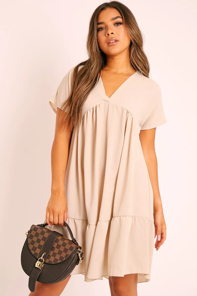 Beige Plunge Smock Dress - Cambriella