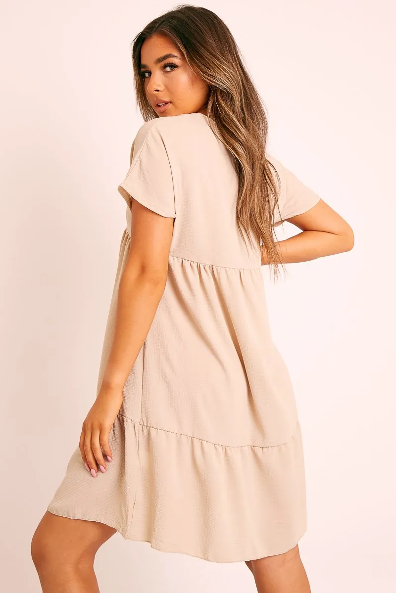 Beige Plunge Smock Dress - Cambriella