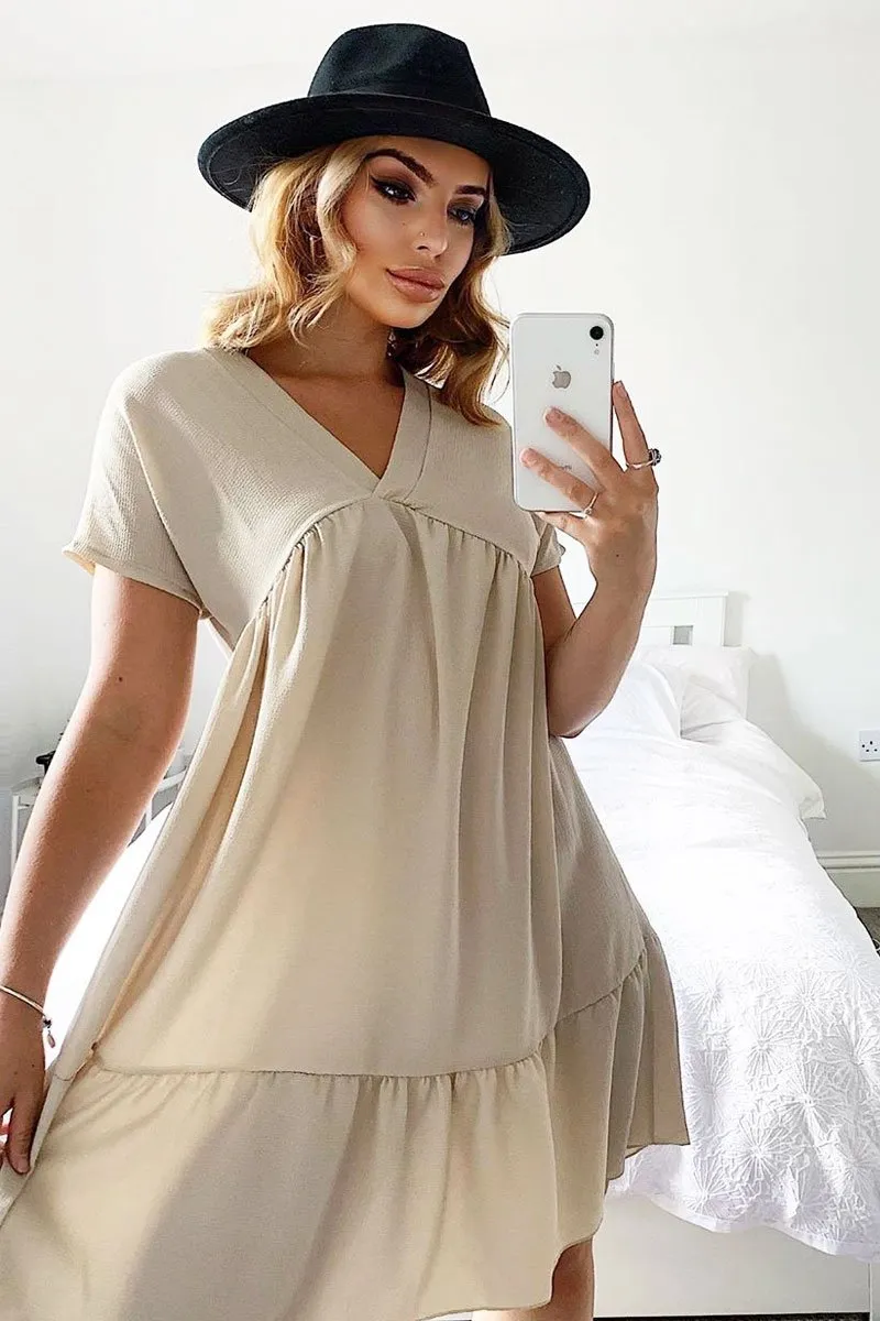 Beige Plunge Smock Dress - Cambriella