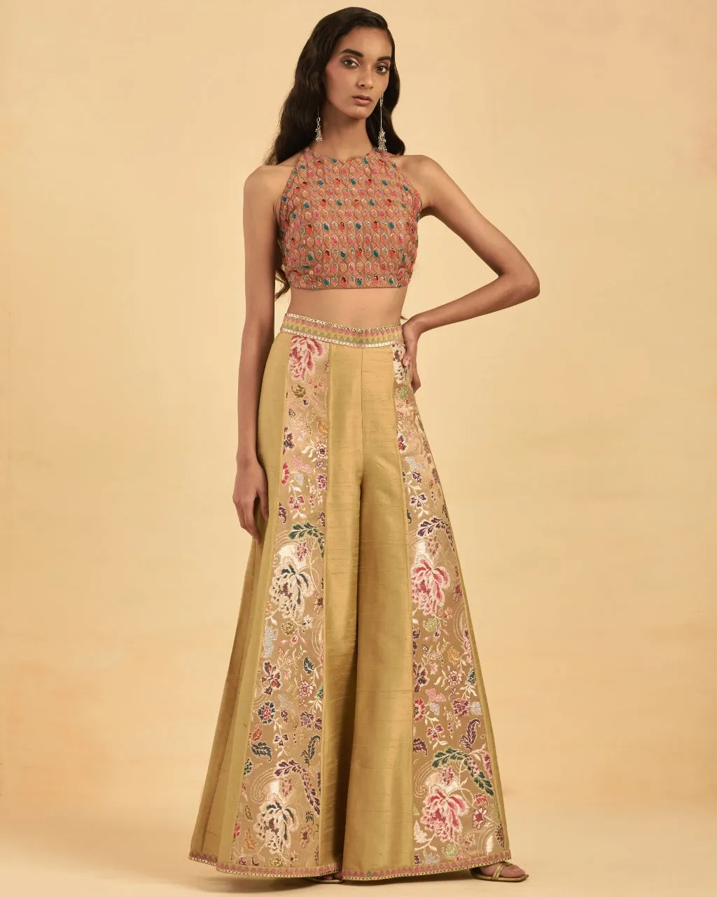 Beige Printed Sharara With Blouse Set