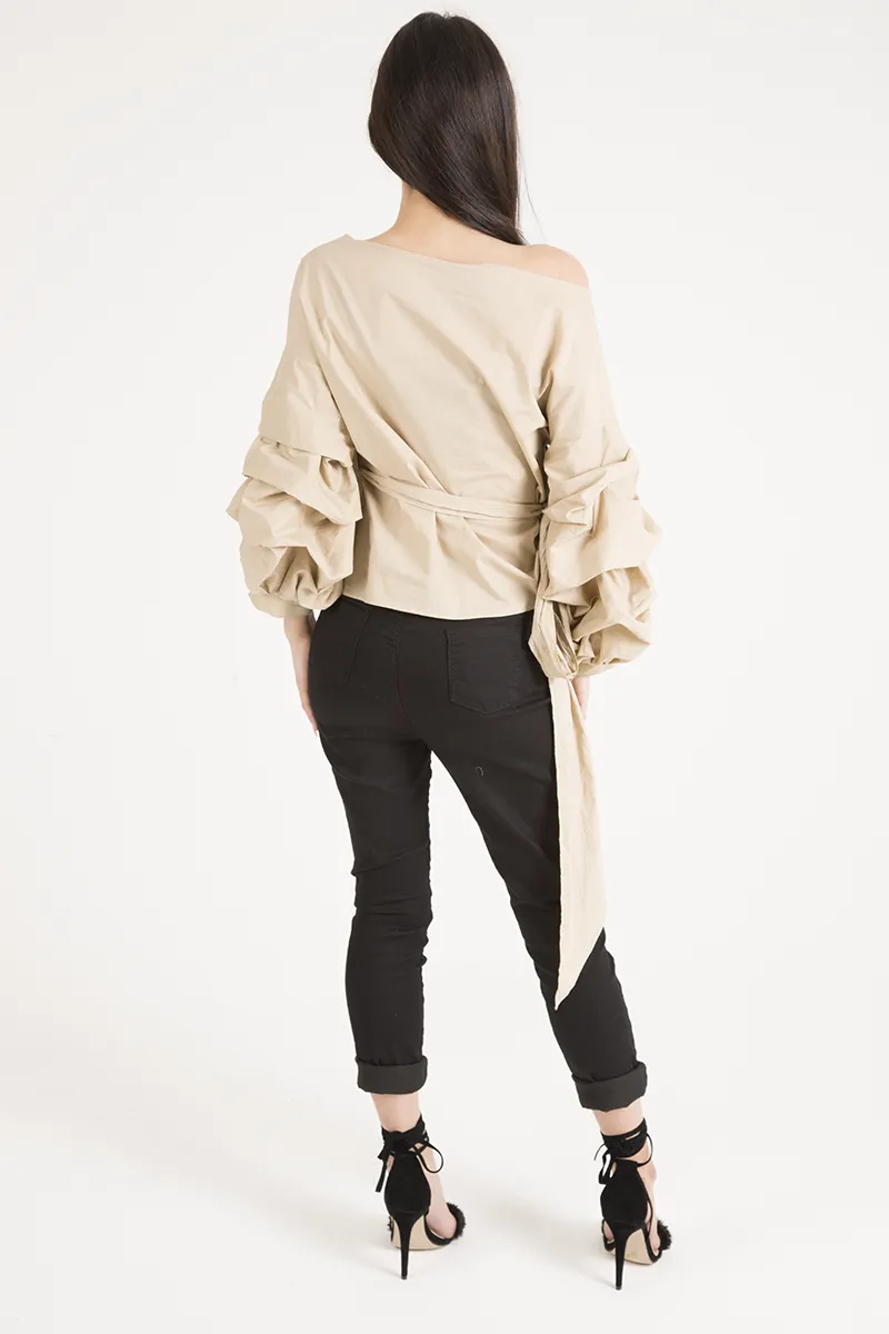 Beige Ruffle Sleeve Crop Top - Susie