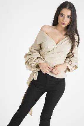 Beige Ruffle Sleeve Crop Top - Susie