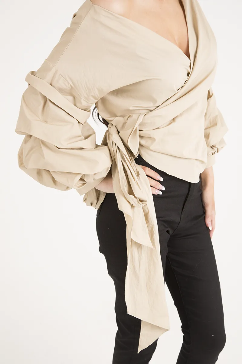 Beige Ruffle Sleeve Crop Top - Susie