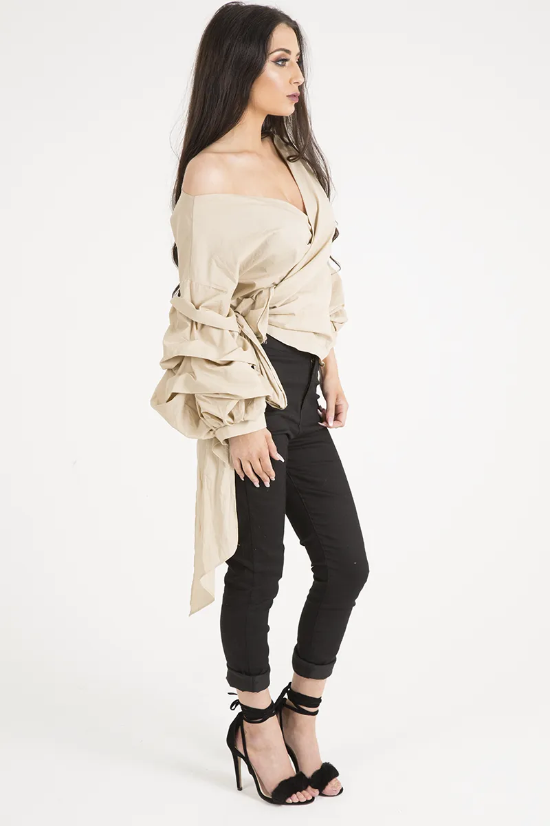 Beige Ruffle Sleeve Crop Top - Susie