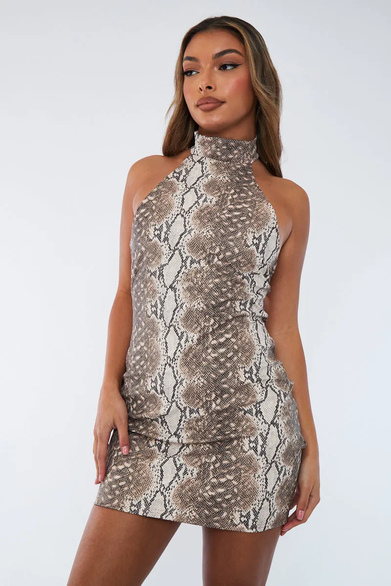 Beige Snake Print PU Halter Neck Mini Dress - Cheryl