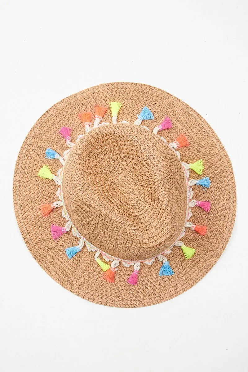 Beige Straw Rainbow Pom Pom Fedora - Kaliopi