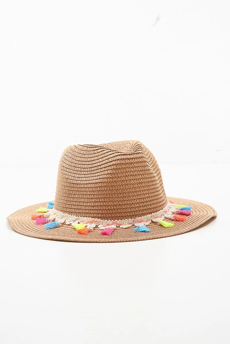 Beige Straw Rainbow Pom Pom Fedora - Kaliopi