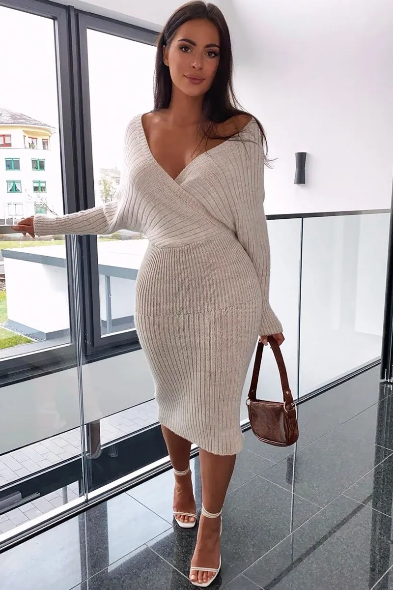 Beige Wrap Front Knit Midi Dress - Edan