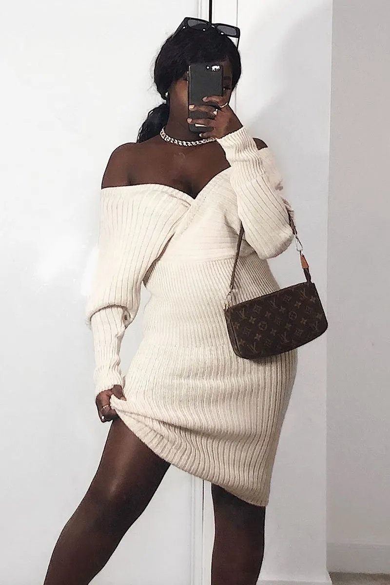 Beige Wrap Front Knit Midi Dress - Edan