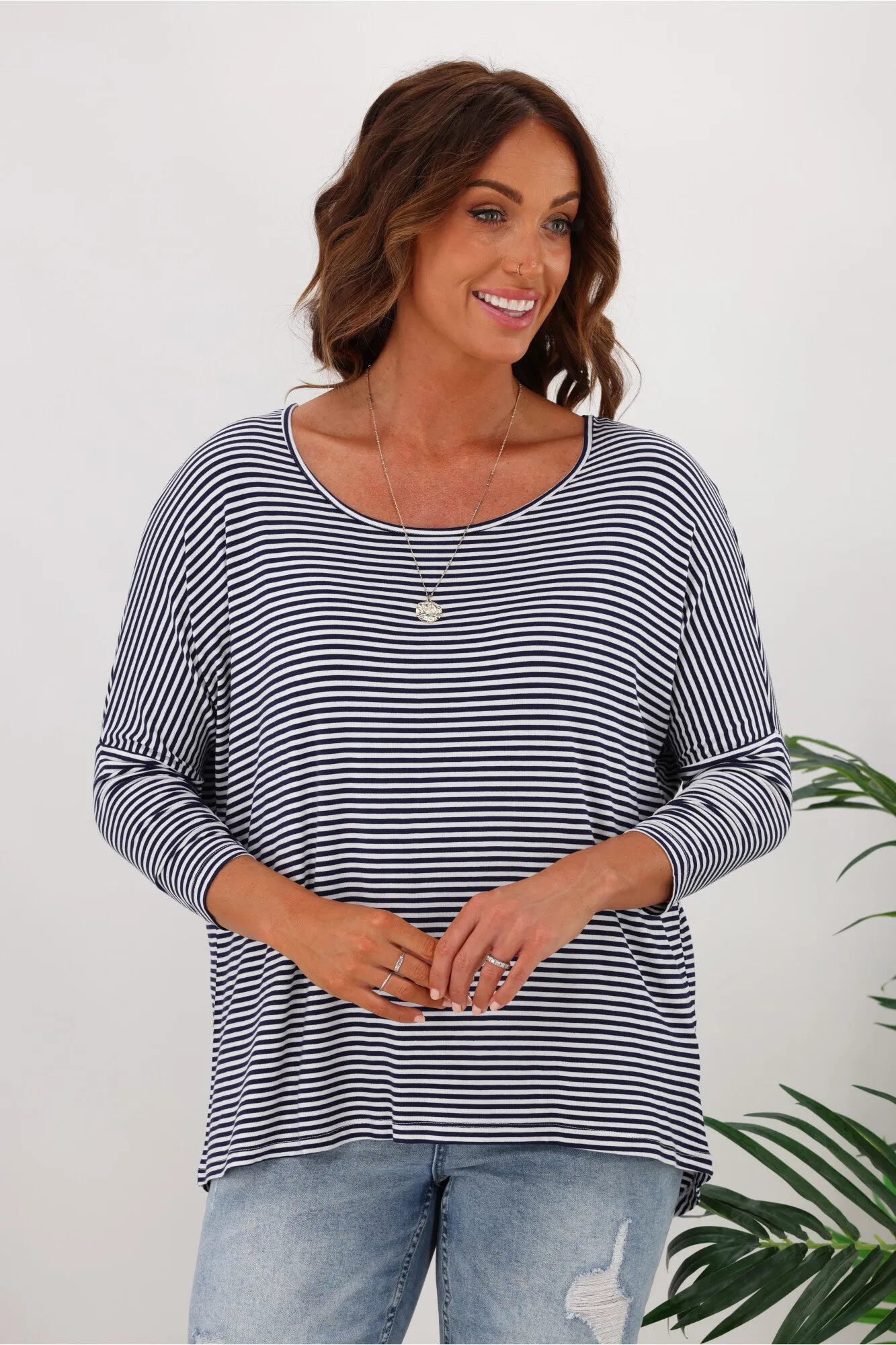 Betty Basics Milan 3/4 Sleeve Tee Navy/White Stripe