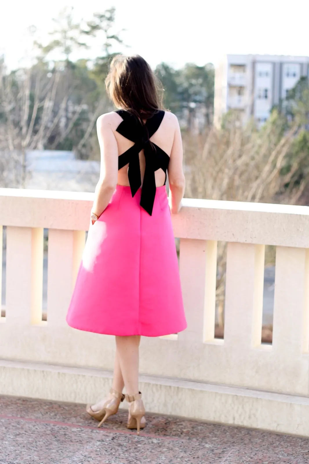 Black and Pink Colour Block Bow Back Mini Dress