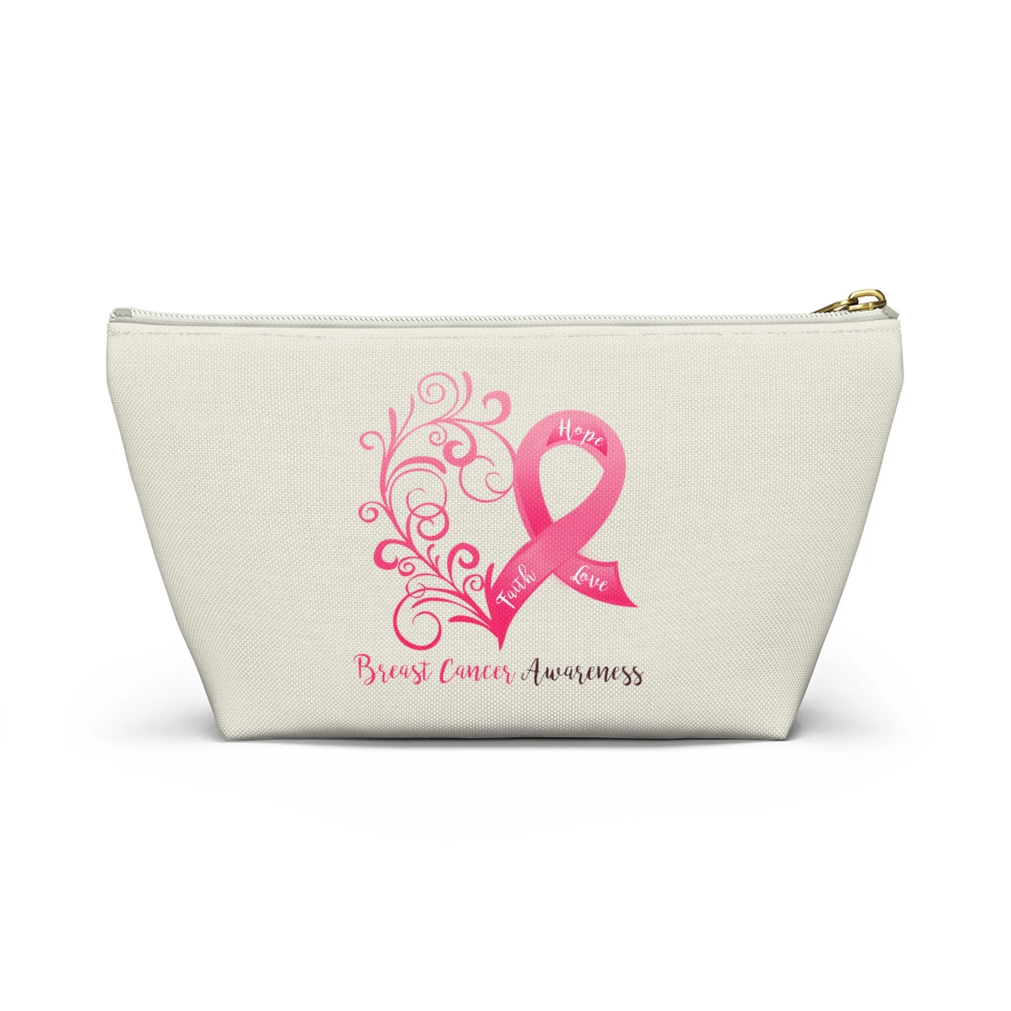 Breast Cancer Awareness Heart Small "Natural" T-Bottom Accessory Pouch (Dual-Sided Design)