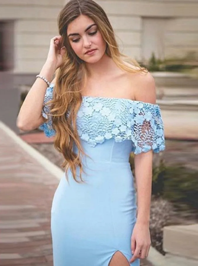 Charming Off Shoulder Blue Lace Mermaid Split Long Prom Dresses,PD00003