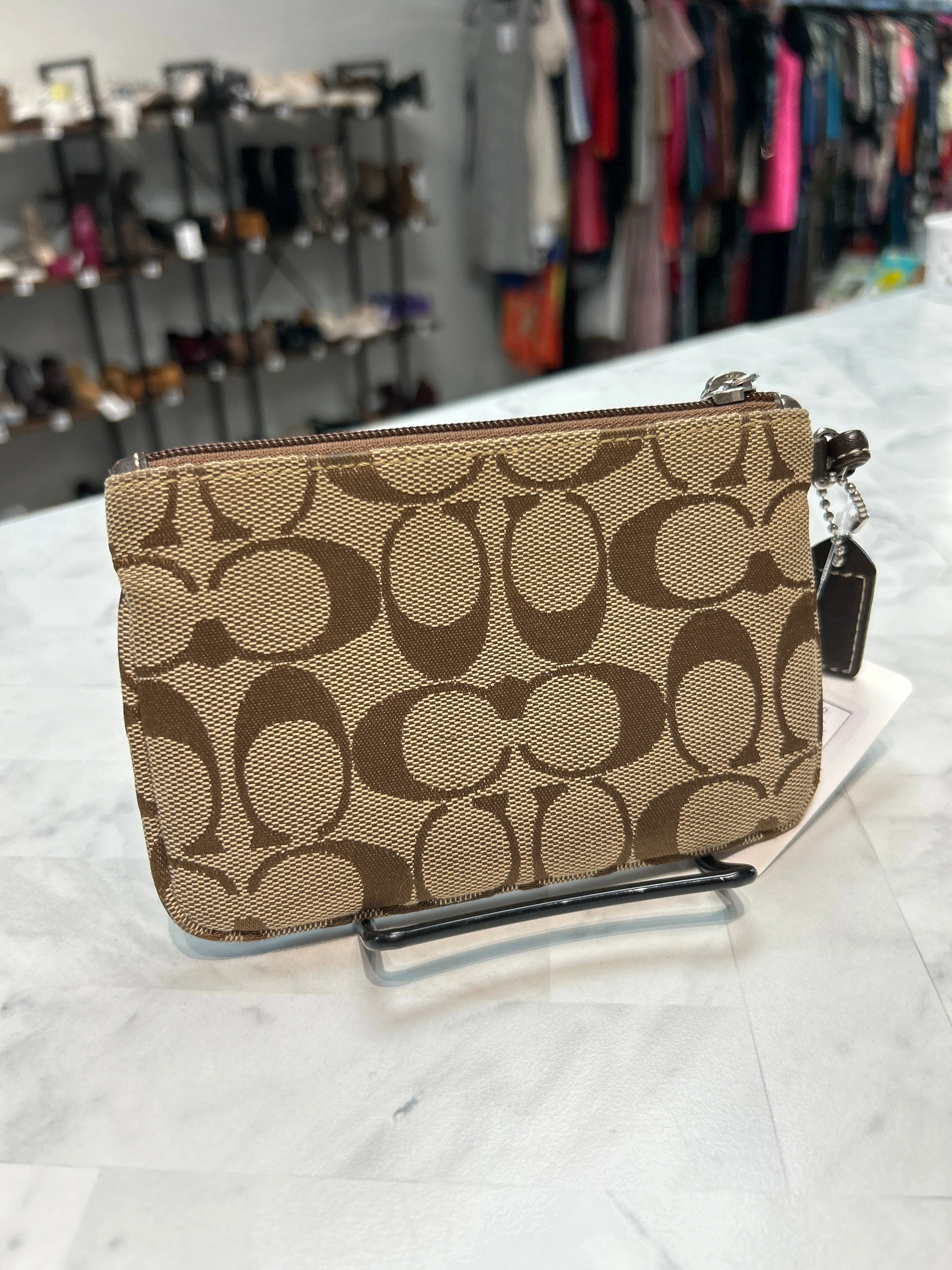 Coach Brown Signature Canvas Wristlet, 5.5"x4"