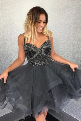 Dark Grey Tulle Shinny Spaghetti Strap Beaded Top Homecoming Dress, SH288