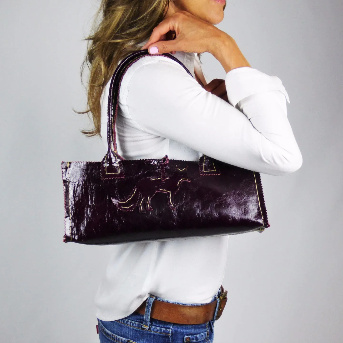 Deep Purple Patent Custom Leather Small Tote with Fox