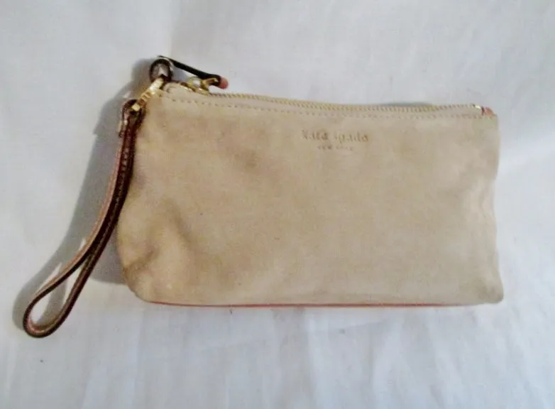 EUC KATE SPADE SUEDE LEATHER Wristlet Purse Clutch Wallet BEIGE TAN SAND BROWN