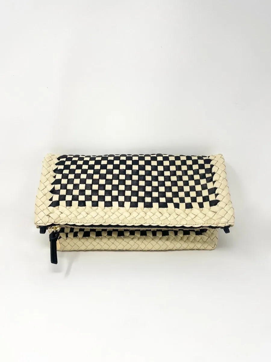 Foldover Clutch w/Tabs in Black & Cream Border Woven Checker