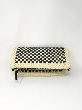 Foldover Clutch w/Tabs in Black & Cream Border Woven Checker