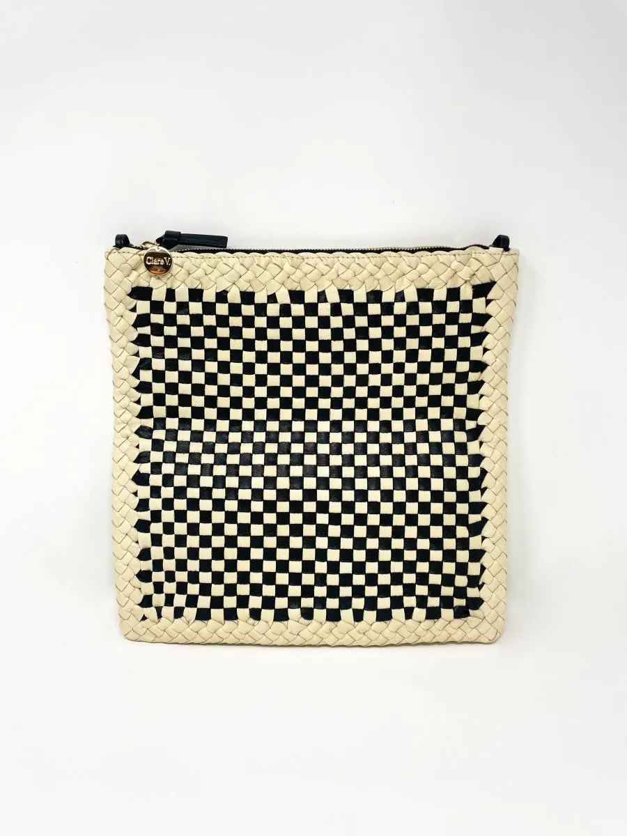 Foldover Clutch w/Tabs in Black & Cream Border Woven Checker