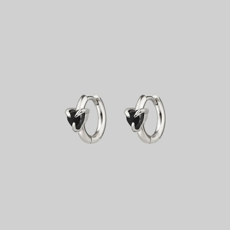 HEART & SOUL. Black Spinel Heart Hoop Earrings - Silver