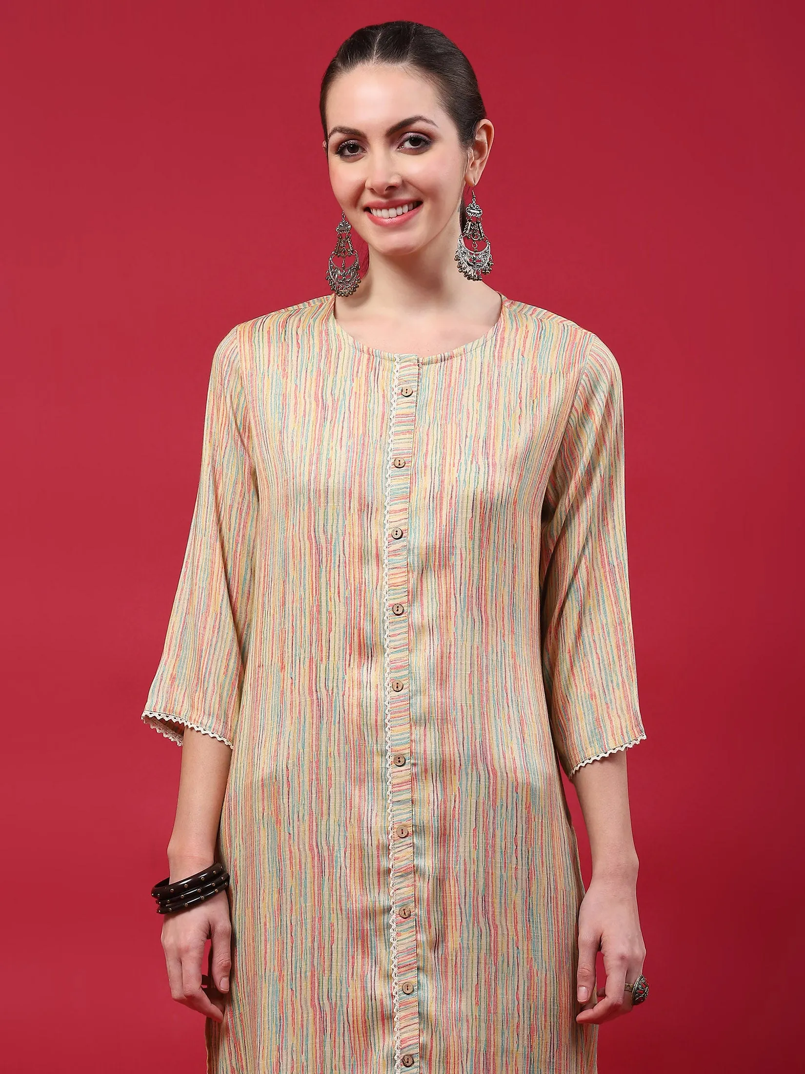 Indiessence Women Beige Stripe Printed Kurta