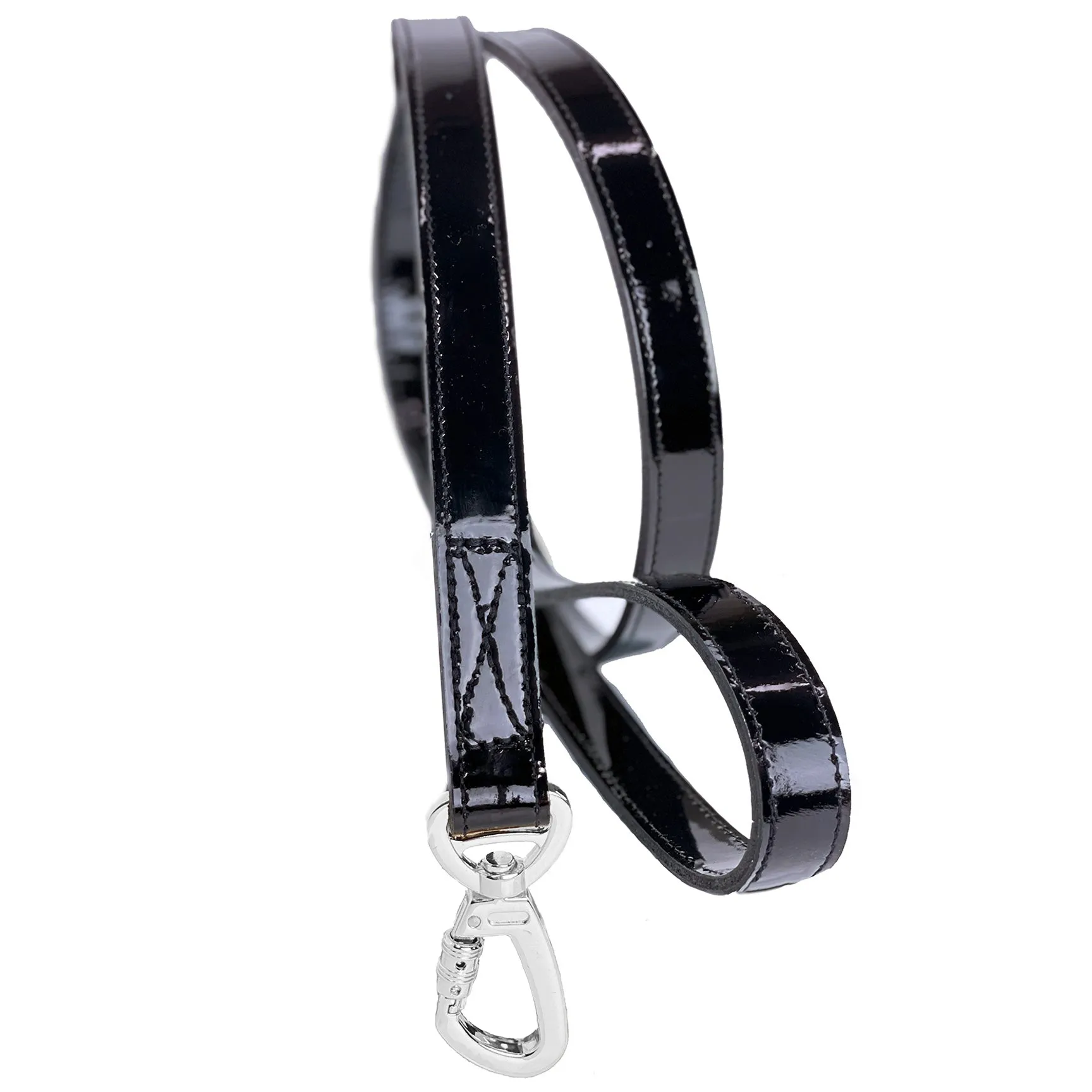 Italian Black Patent Leather Dog Leash in Nickel