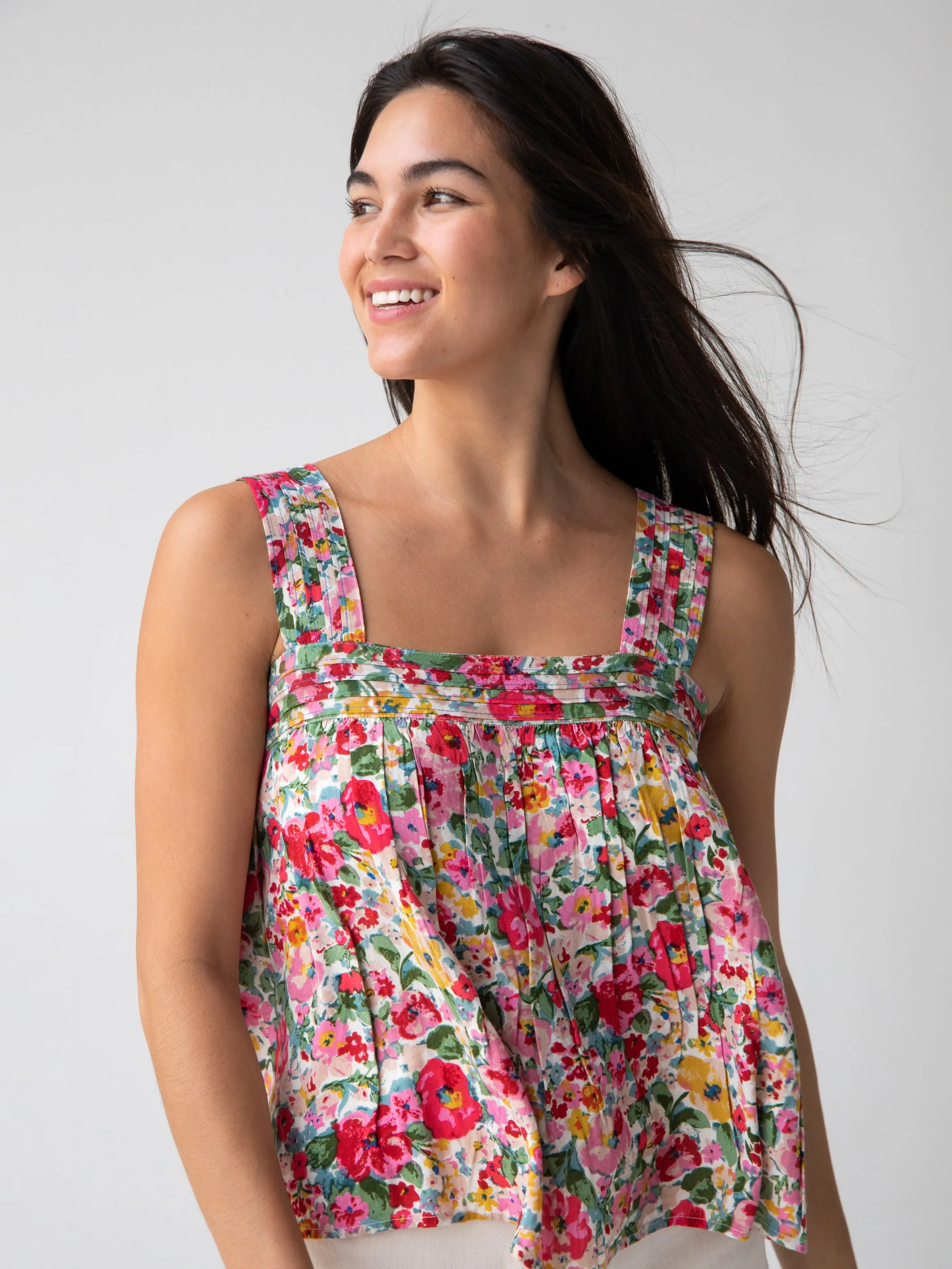 Kate Pleated Tank Top - Bright Pink Floral