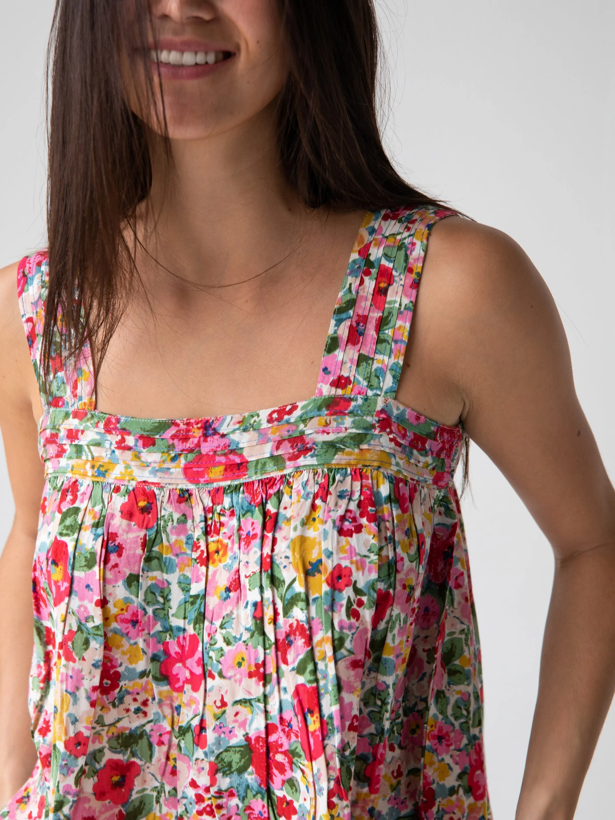 Kate Pleated Tank Top - Bright Pink Floral