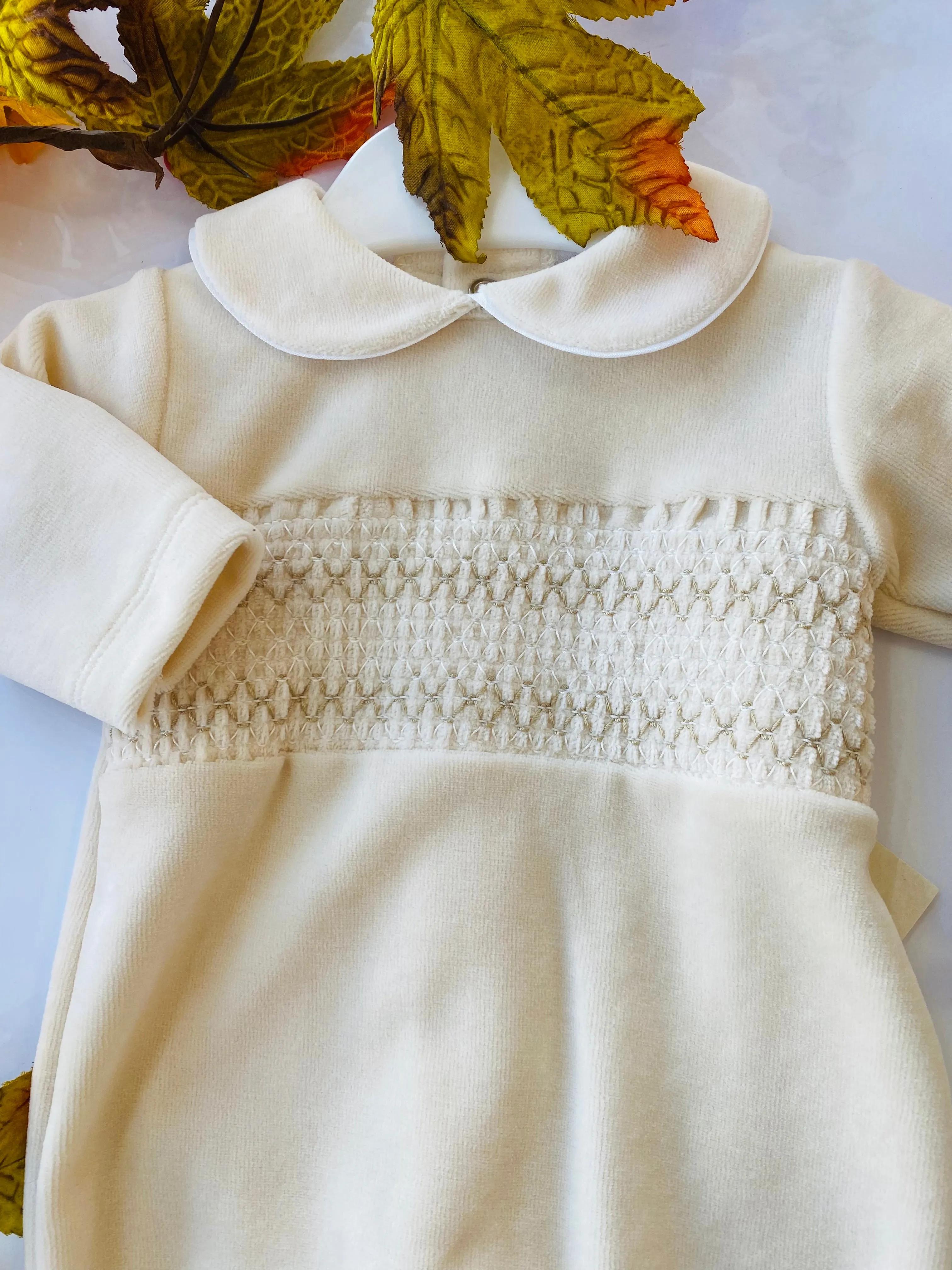 MIA BELLA Luxury Velour Smocked Style BabyGrow Camel / Soft Beige SG68V