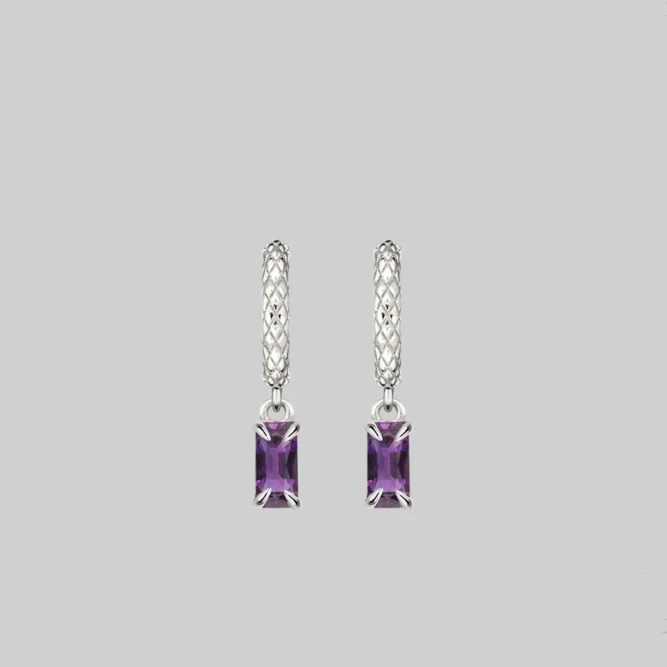 NYMPH. Dangly Amethyst Rectangle Hoop Earrings - Silver