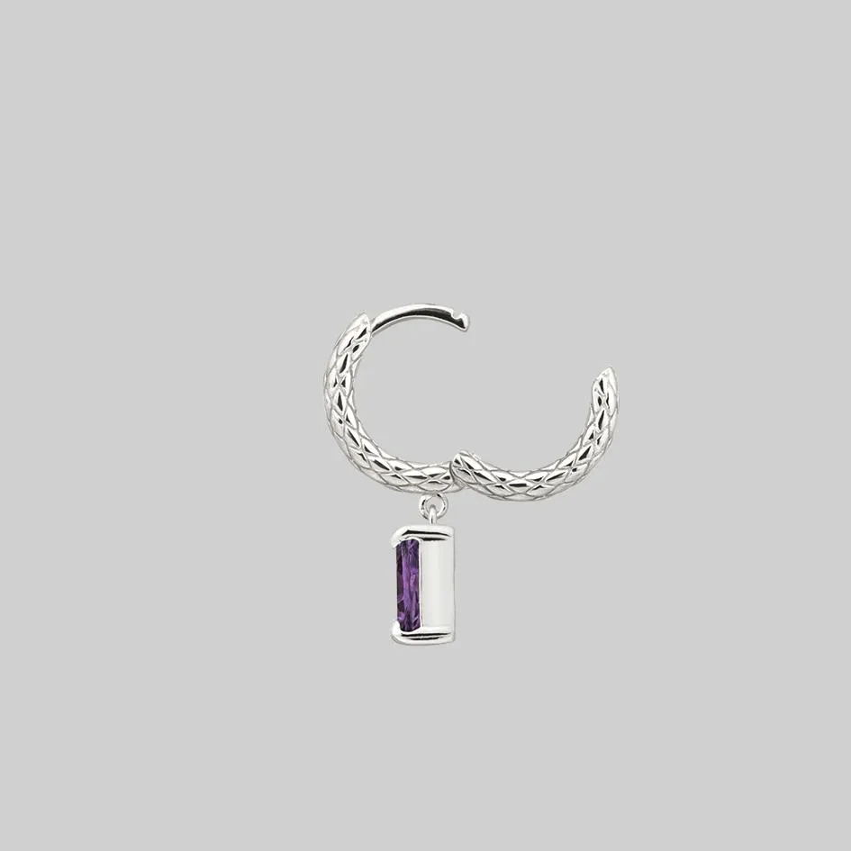 NYMPH. Dangly Amethyst Rectangle Hoop Earrings - Silver