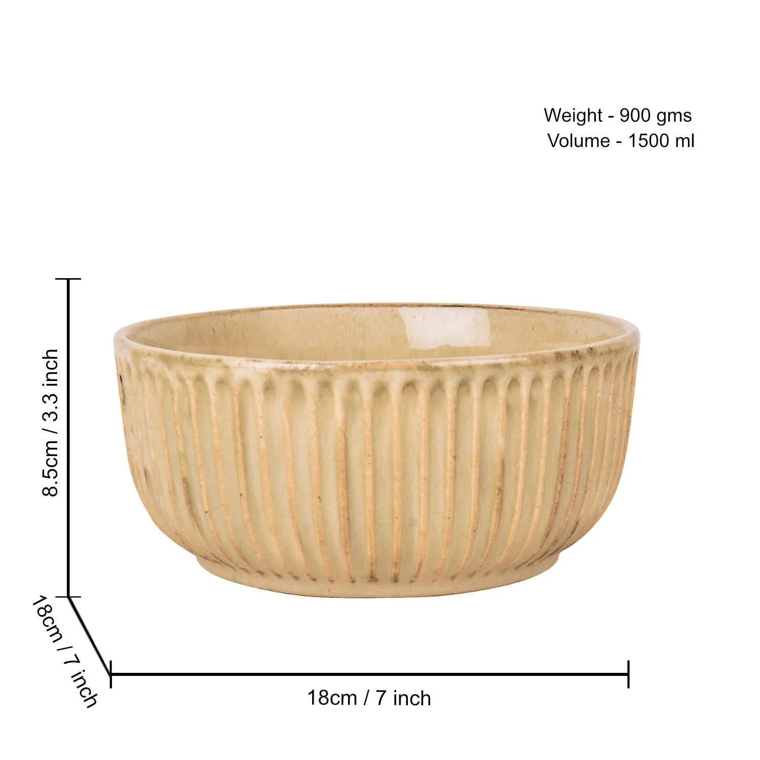 "Dazzling Riviera" Studio Pottery Ribbed Ceramic Serving Bowl (Ivory, Diameter – 7 inches, 1500 ml)