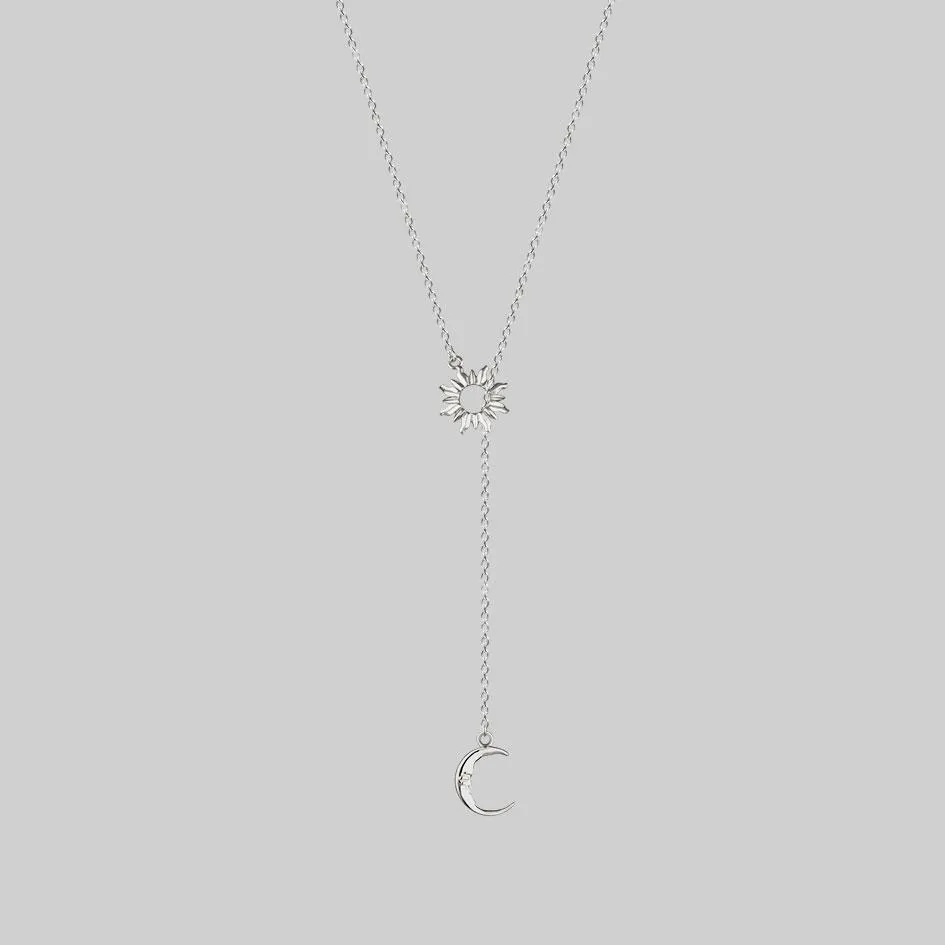 SOLSTICE. Sun & Moon Lariat Necklace - Silver