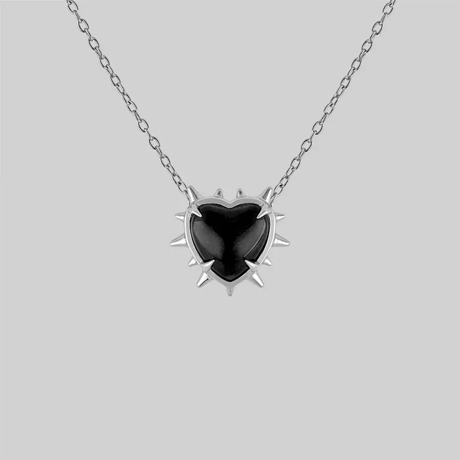 VOID. Spiked Black Glass Heart Necklace - Silver