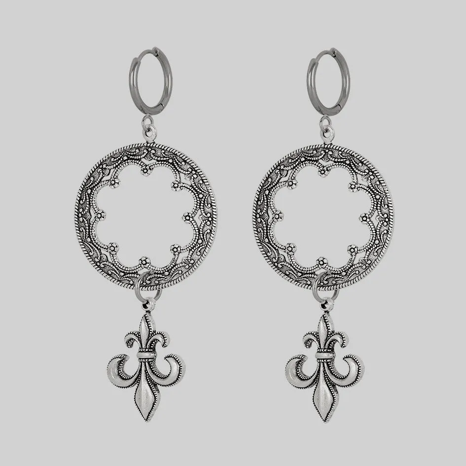 VOW. Gothic Fleur de Lis Hoop Earrings - Silver