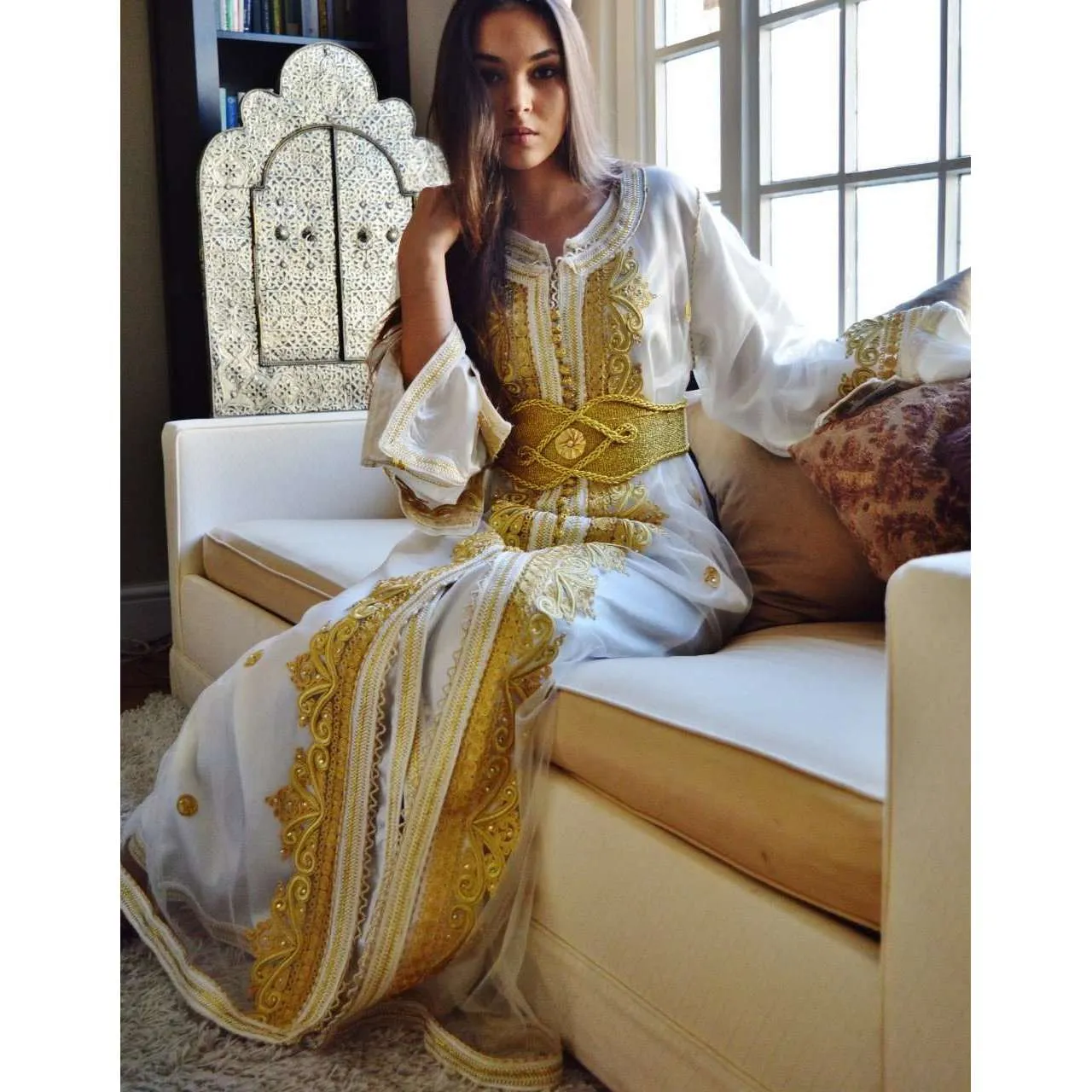 White with Gold Embroidery Moroccan Takchita Party Kaftan-Millia