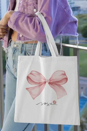 XOXO Pink Bow White Tote Bag with Zipper (Coquette Themed)